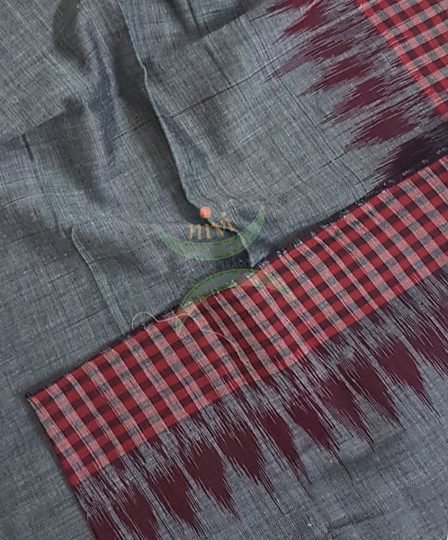 Grey with Red Handloom mul cotton ikat blouse piece. Comes with 36 inches width.