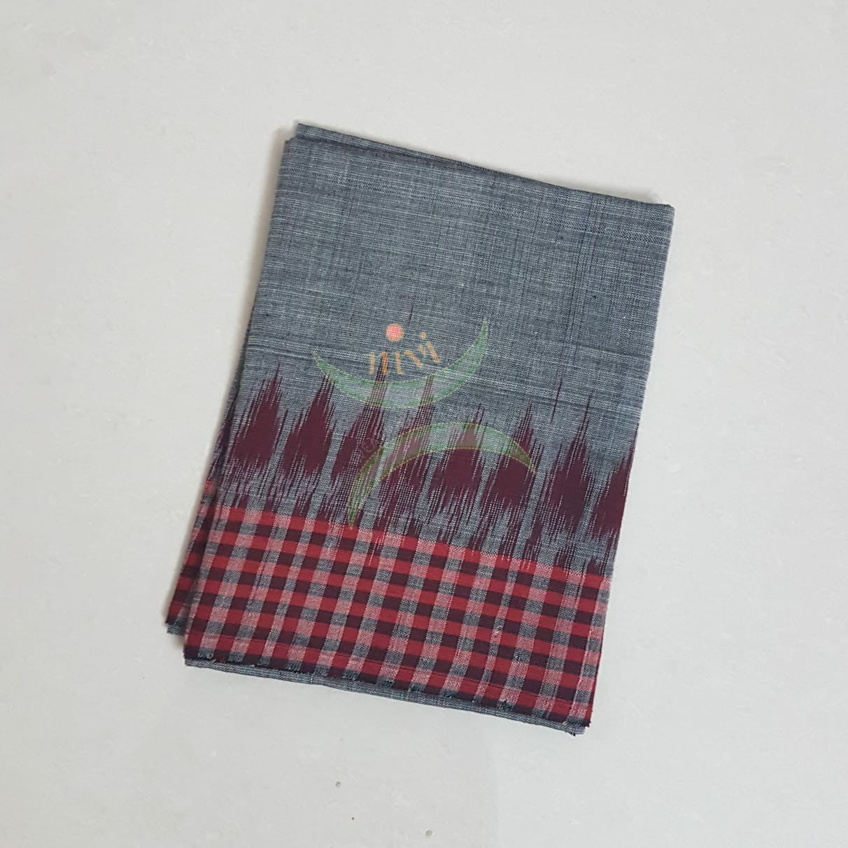 Grey with Red Handloom mul cotton ikat blouse piece. Comes with 36 inches width.