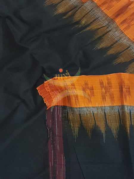 Black with Mustard Handloom mul cotton ikat blouse piece. Comes with 36 inches width.