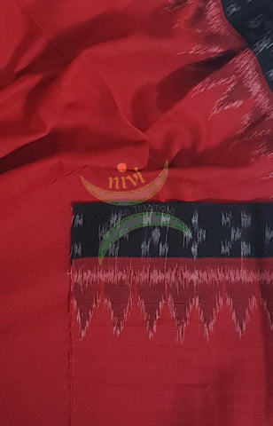 Red with black Handloom mul cotton ikat blouse piece. Comes with 36 inches width.