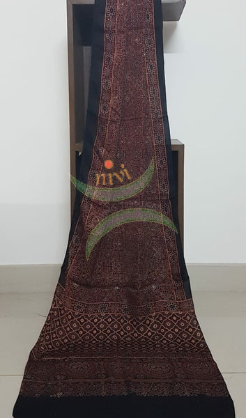 Handloom modal silk natural dyed ajarakh stole. Stole comes in 23 inches width and 2.1 mt by length.