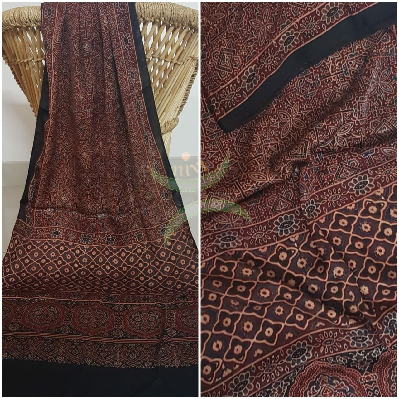 Handloom modal silk natural dyed ajarakh stole. Stole comes in 23 inches width and 2.1 mt by length.