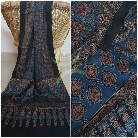 Handloom modal silk natural dyed ajarakh stole. Stole comes in 23 inches width and 2.1 mt by length.