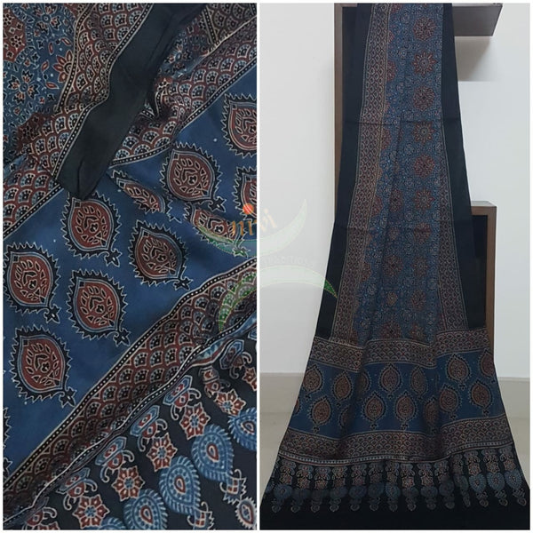 Handloom modal silk natural dyed ajarakh stole. Stole comes in 23 inches width and 2.1 mt by length.