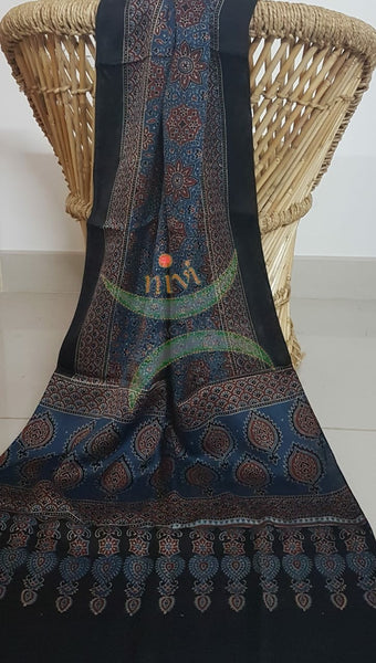 Handloom modal silk natural dyed ajarakh stole. Stole comes in 23 inches width and 2.1 mt by length.