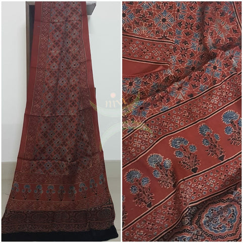 Handloom modal silk natural dyed ajarakh stole. Stole comes in 23 inches width and 2.1 mt by length.