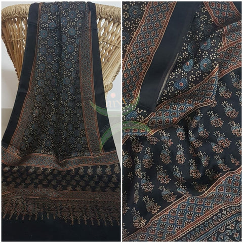 Handloom modal silk natural dyed ajarakh stole. Stole comes in 23 inches width and 2.1 mt by length.