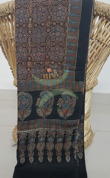 Handloom modal silk natural dyed ajarakh stole. Stole comes in 23 inches width and 2.1 mt by length.