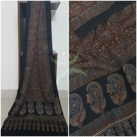 Handloom modal silk natural dyed ajarakh stole. Stole comes in 23 inches width and 2.1 mt by length.