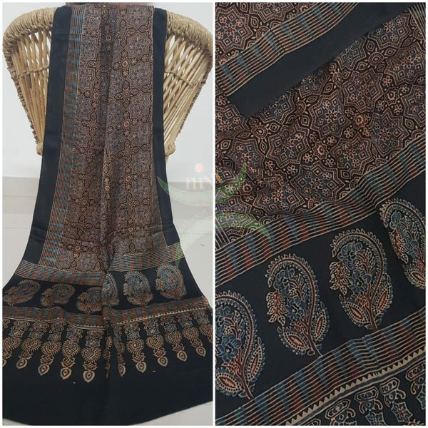 Handloom modal silk natural dyed ajarakh stole. Stole comes in 23 inches width and 2.1 mt by length.