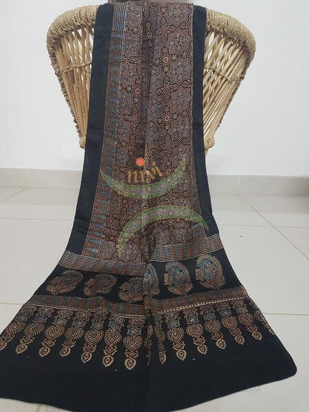 Handloom modal silk natural dyed ajarakh stole. Stole comes in 23 inches width and 2.1 mt by length.