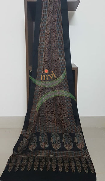 Handloom modal silk natural dyed ajarakh stole. Stole comes in 23 inches width and 2.1 mt by length.
