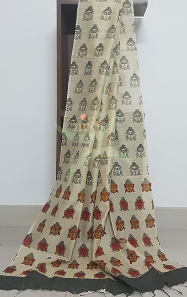 Beige and charcoal grey combination handloom silk blend dupatta with block printed buddha face motifs