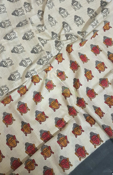 Beige and charcoal grey combination handloom silk blend dupatta with block printed buddha face motifs