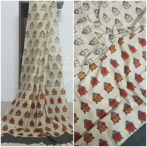 Beige and charcoal grey combination handloom silk blend dupatta with block printed buddha face motifs