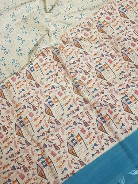 Beige and blue combination handloom silk blend dupatta with block printed warli motifs
