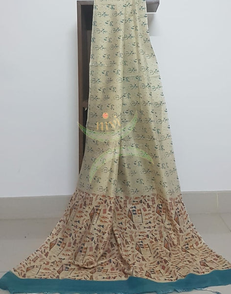 Beige and blue combination handloom silk blend dupatta with block printed warli motifs