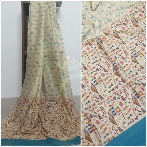 Beige and blue combination handloom silk blend dupatta with block printed warli motifs