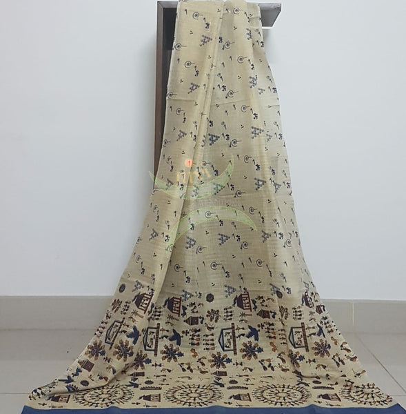 Beige and blue combination handloom  silk blend dupatta with block printed warli motifs