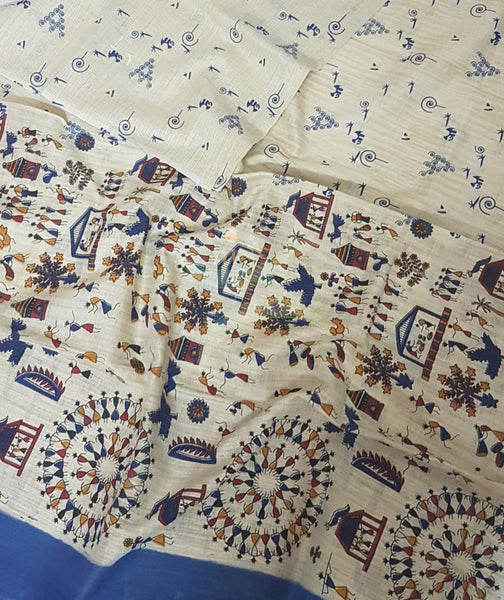 Beige and blue combination handloom  silk blend dupatta with block printed warli motifs