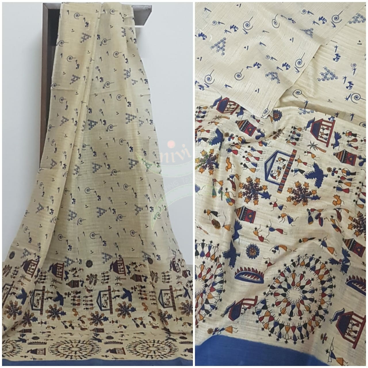Beige and blue combination handloom  silk blend dupatta with block printed warli motifs