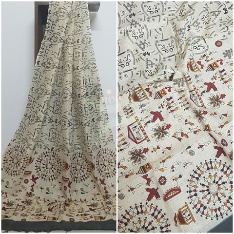 Beige and charcoal grey combination handloom silk dupatta with block printed warli motifs