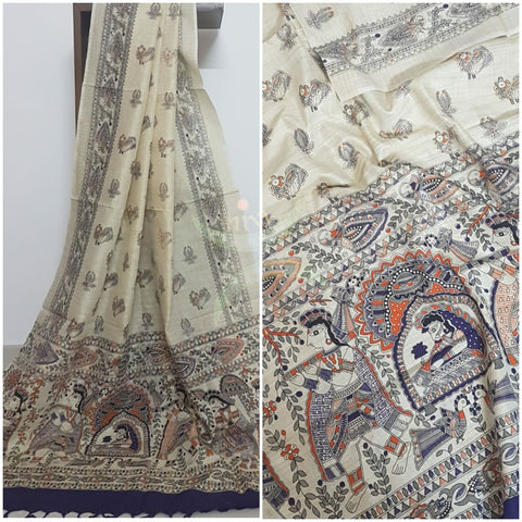 Beige and purple combination handloom silk blend dupatta with block printed madhubani motifs
