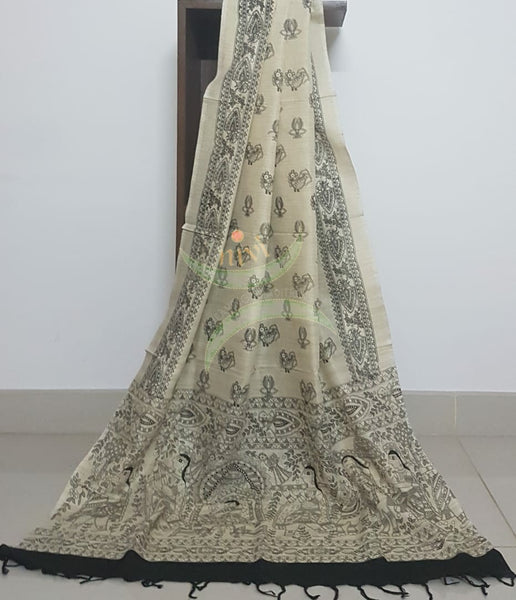 Beige and black combination handloom silk blend dupatta with block printed madhubani motifs