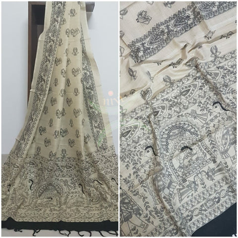 Beige and black combination handloom silk blend dupatta with block printed madhubani motifs