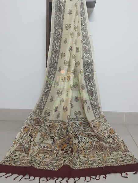 Beige and maroon combination handloom  silk blend dupatta with block printed madhubani motifs