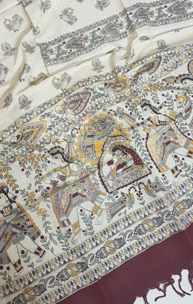 Beige and maroon combination handloom  silk blend dupatta with block printed madhubani motifs