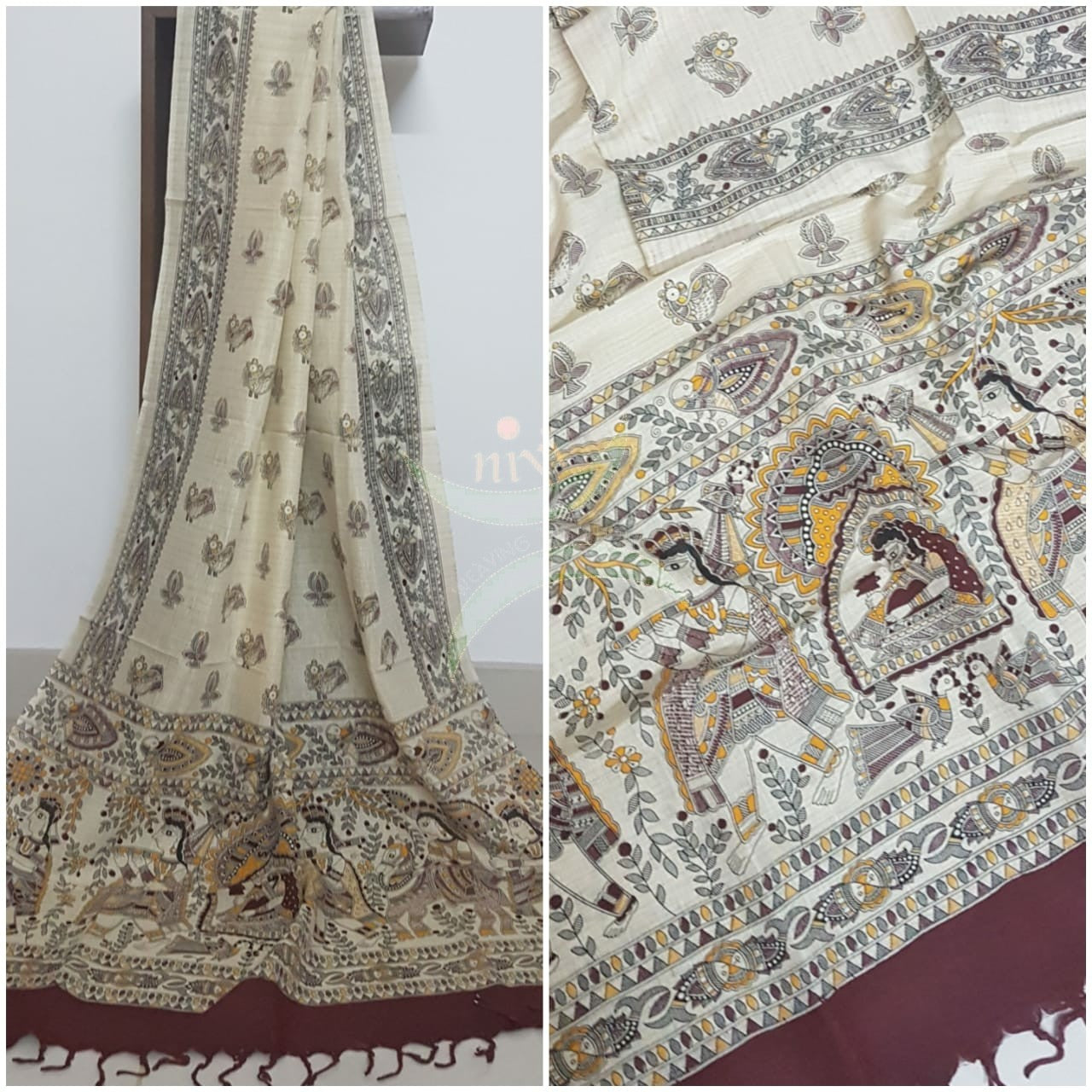 Beige and maroon combination handloom  silk blend dupatta with block printed madhubani motifs