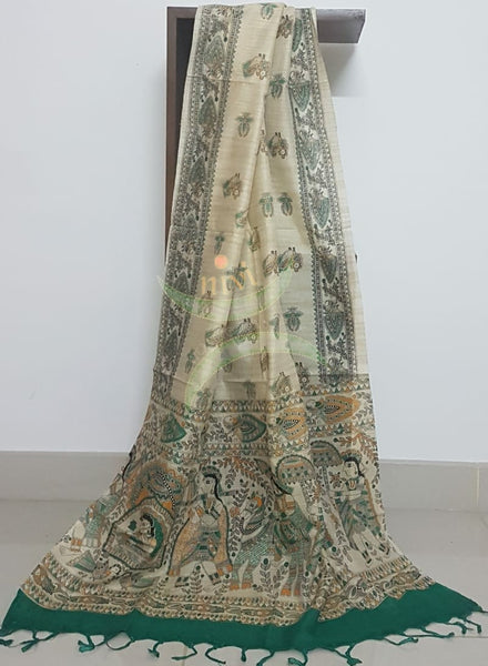 Beige and green combination handloom silk blend dupatta with block printed madhubani motifs