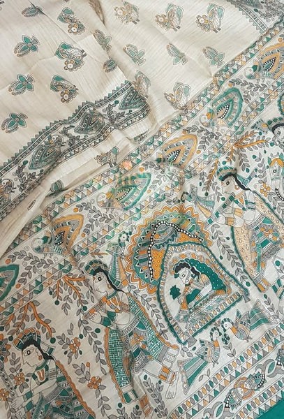 Beige and green combination handloom silk blend dupatta with block printed madhubani motifs