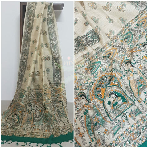 Beige and green combination handloom silk blend dupatta with block printed madhubani motifs