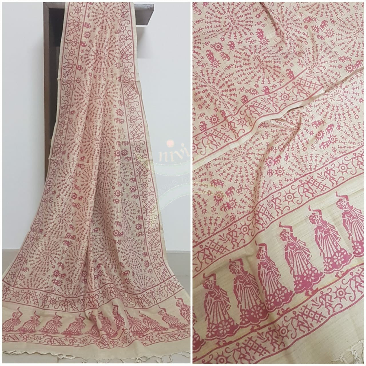 Beige and pink combination handloom silk blend dupatta with block printed warli motifs