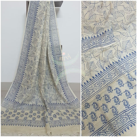 Beige and maroon combination handloom silk blend dupatta with block printed motifs