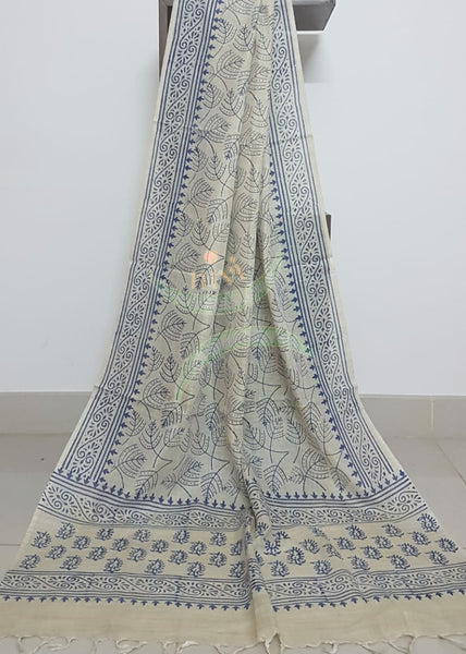 Beige and maroon combination handloom silk blend dupatta with block printed motifs