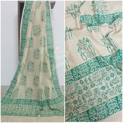 Beige and green combination handloom silk blend dupatta with block printed warli  motifs