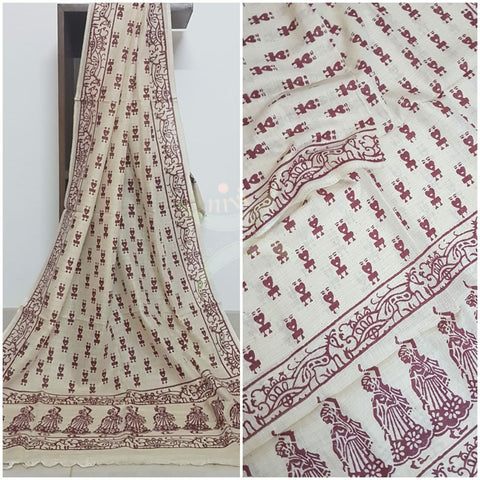 Beige and maroon combination handloom silk blend dupatta with block printed warli  motifs