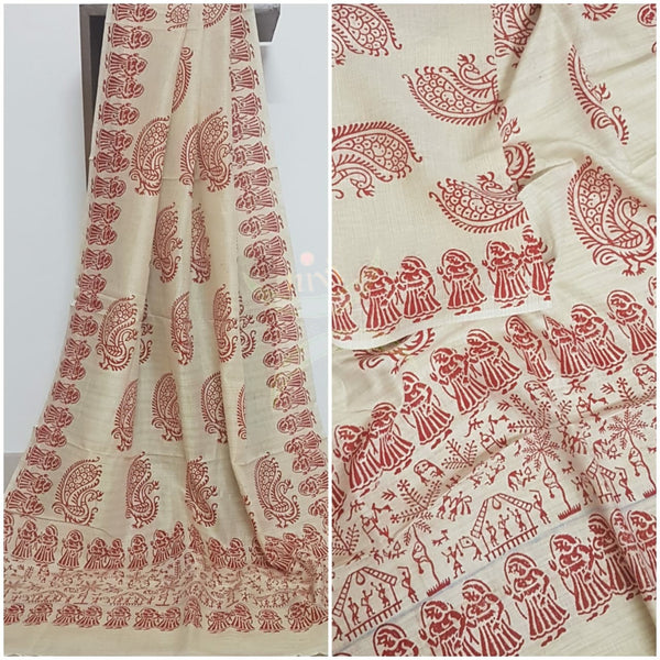 Beige and red combination handloom silk blend dupatta with block printed warli  motifs