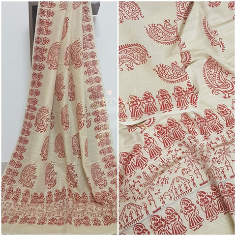 Beige and red combination handloom silk blend dupatta with block printed warli  motifs