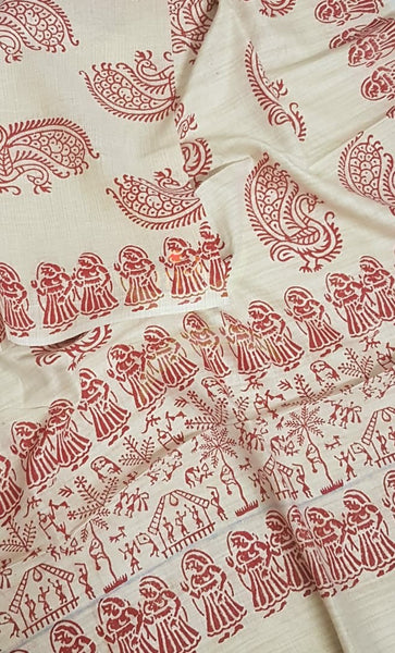 Beige and red combination handloom silk blend dupatta with block printed warli  motifs