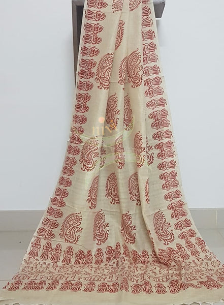 Beige and red combination handloom silk blend dupatta with block printed warli  motifs