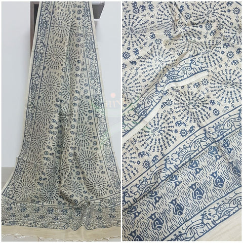 Beige and blue combination handloom silk blend dupatta with block printed warli  motifs