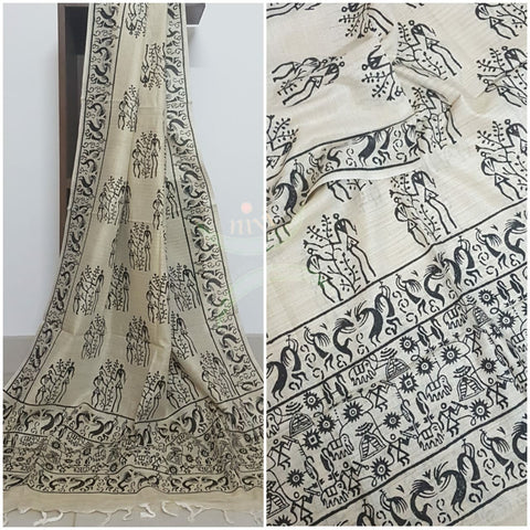 Beige and black combination handloom silk blend dupatta with block printed warli  motifs