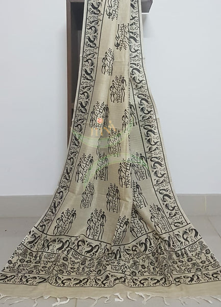Beige and black combination handloom silk blend dupatta with block printed warli  motifs