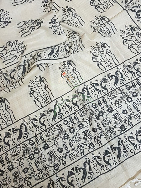 Beige and black combination handloom silk blend dupatta with block printed warli  motifs