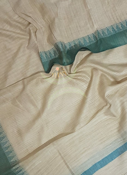 Beige and green combination handloom silk blend dupatta with traditionally woven temple border.