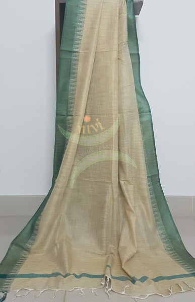 Beige and green combination handloom silk blend dupatta with traditionally woven temple border.
